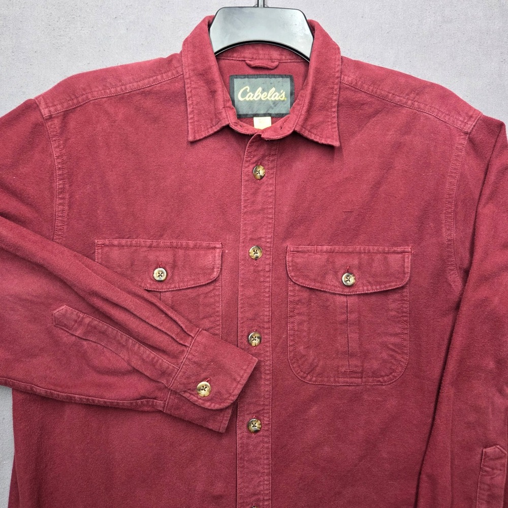 Cabelas Mens Medium Burgundy Red Cotton Long Sleeve Flannel Button Down Shirt